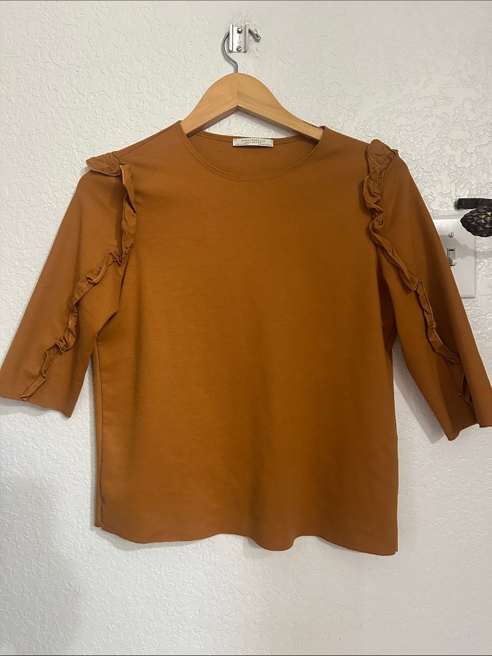 Zara Ruffle-Sleeve Crewneck Top in Rust